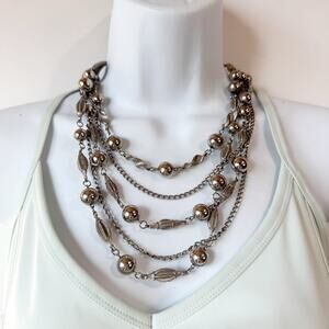 Silver Tone 5 Layer Strand Chain And Bead Bobble Necklace